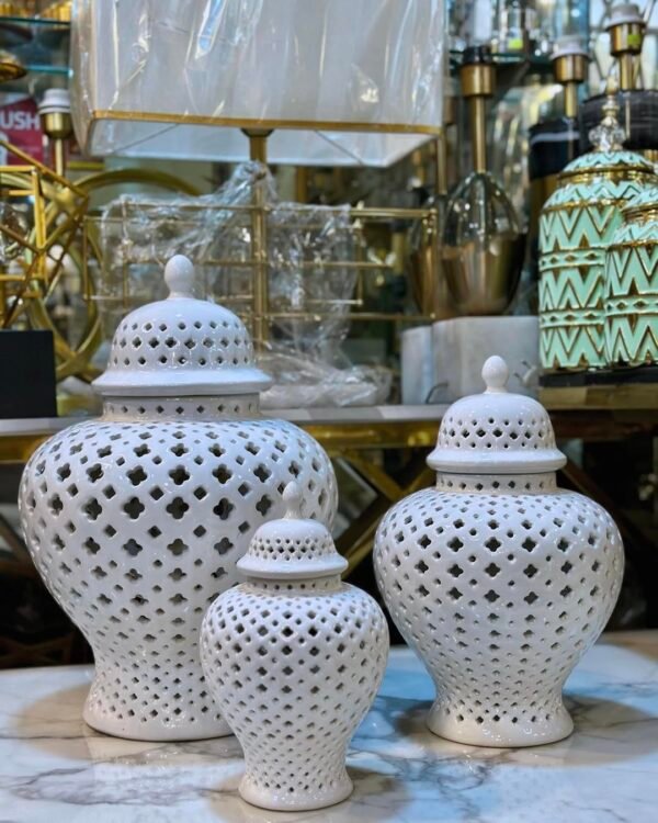 Carved Porcelain Urns Set of 3