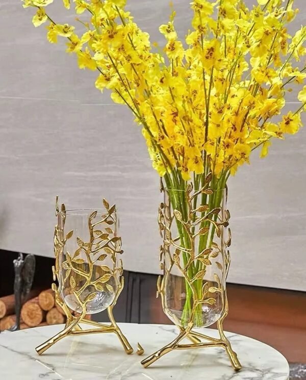 Golden Carved Brass Floral Vases Pair - Image 2