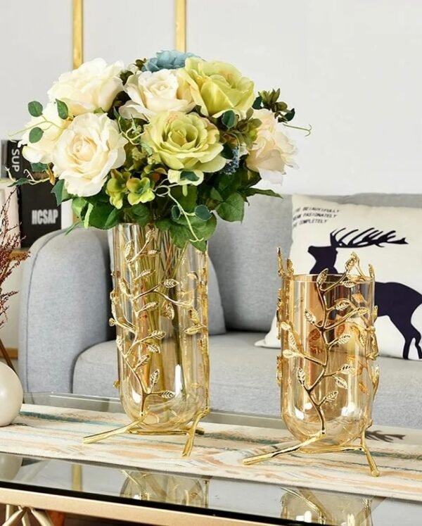 Golden Carved Brass Floral Vases Pair