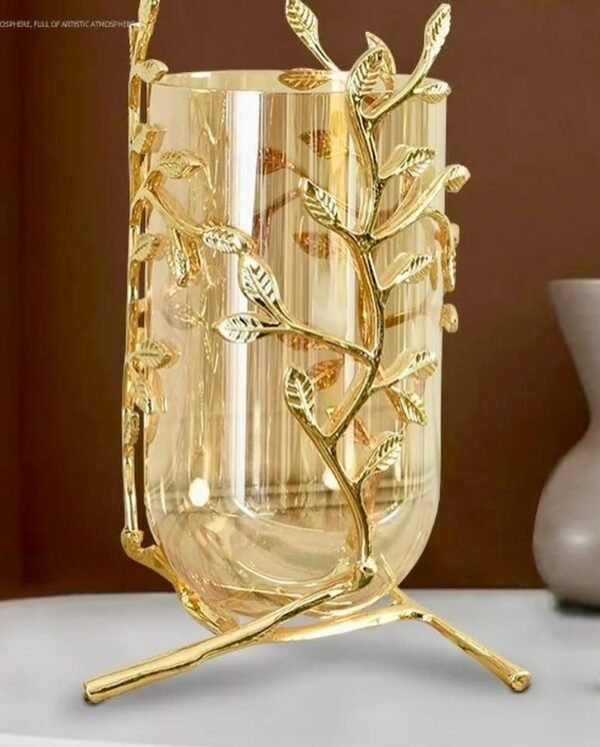 Golden Carved Brass Floral Vases Pair - Image 4