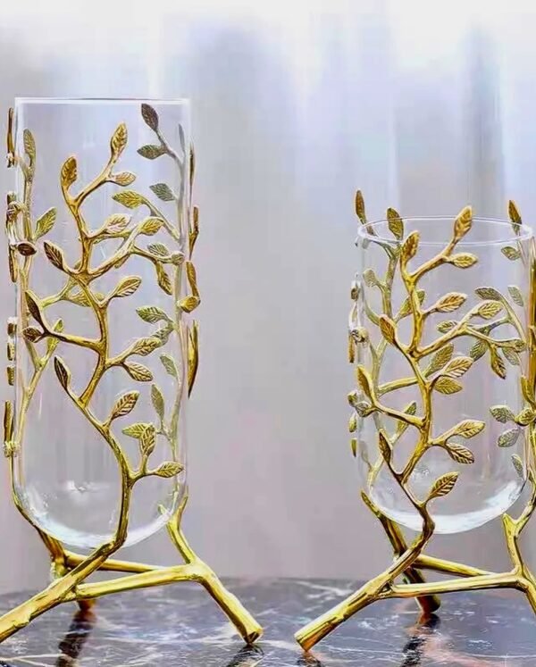 Golden Carved Brass Floral Vases Pair - Image 3