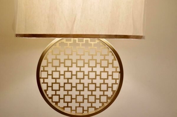 Modern Brass Table Lamp with Geometric Design and Fabric Shade - Image 2