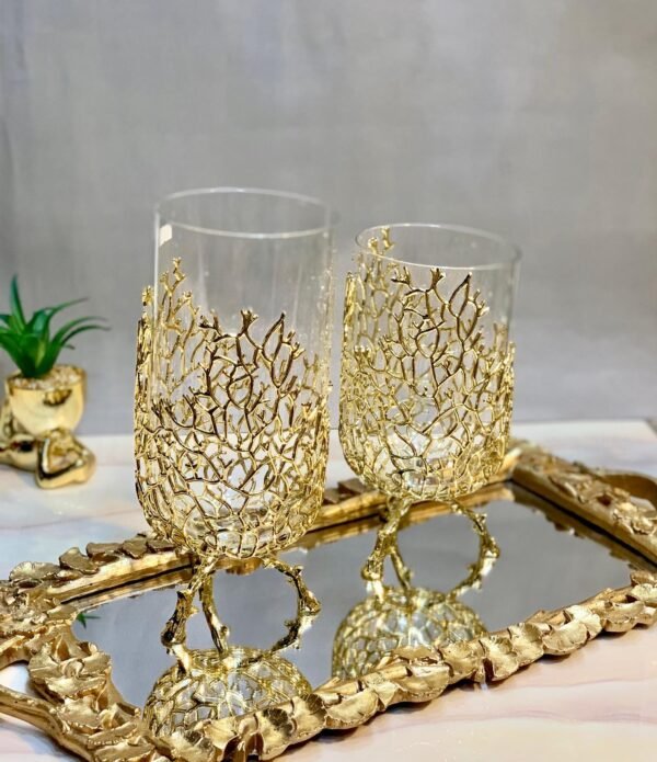 Golden Brass and Glass Vases with Mirror Tray