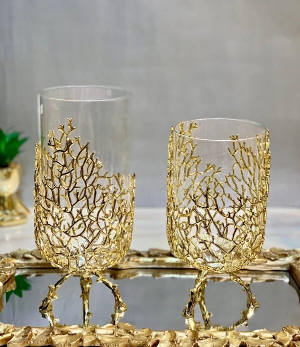 Golden Brass and Glass Vases with Mirror Tray - Image 4