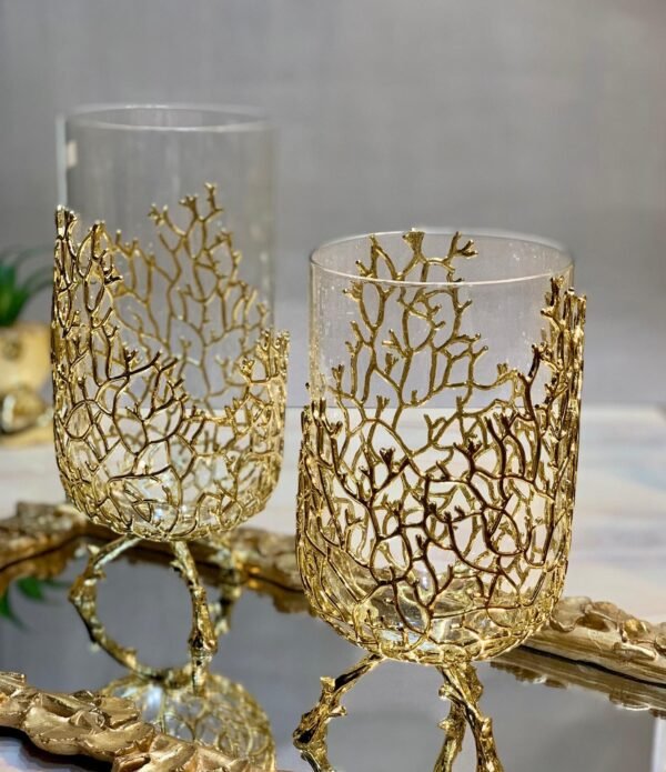 Golden Brass and Glass Vases with Mirror Tray - Image 3