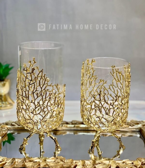 Golden Brass and Glass Vases with Mirror Tray - Image 2