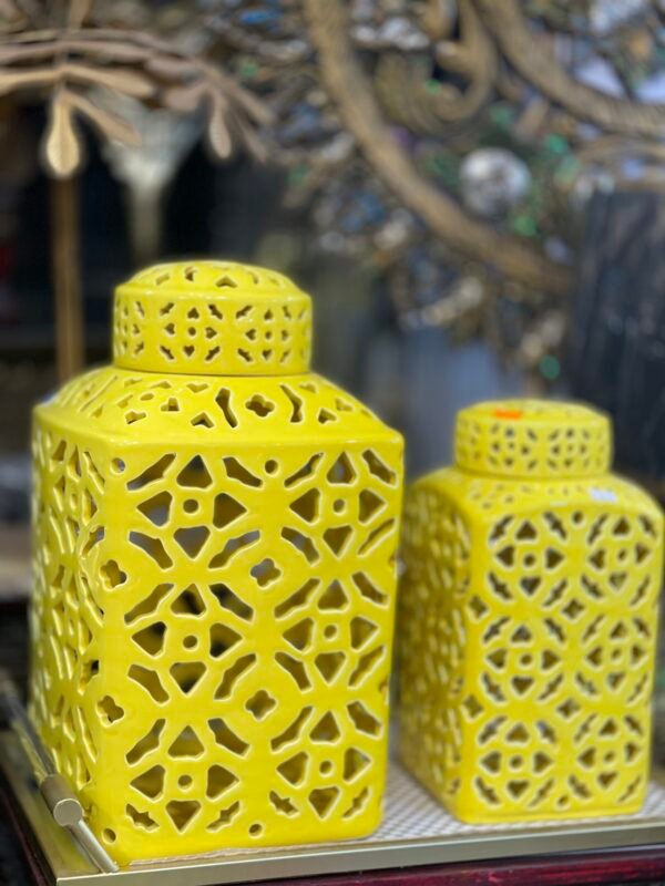 Carved Porcelain Yellow Urns Pair