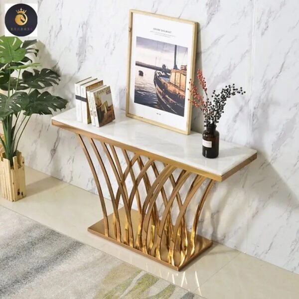 Luxury White Marble Console Table with Gold Artistic Base