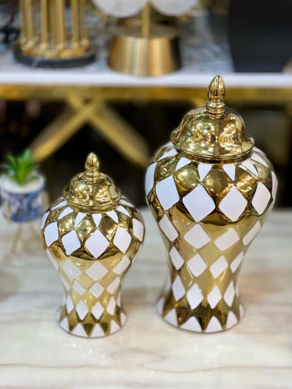 Gold and White Checkered Decorative Urns