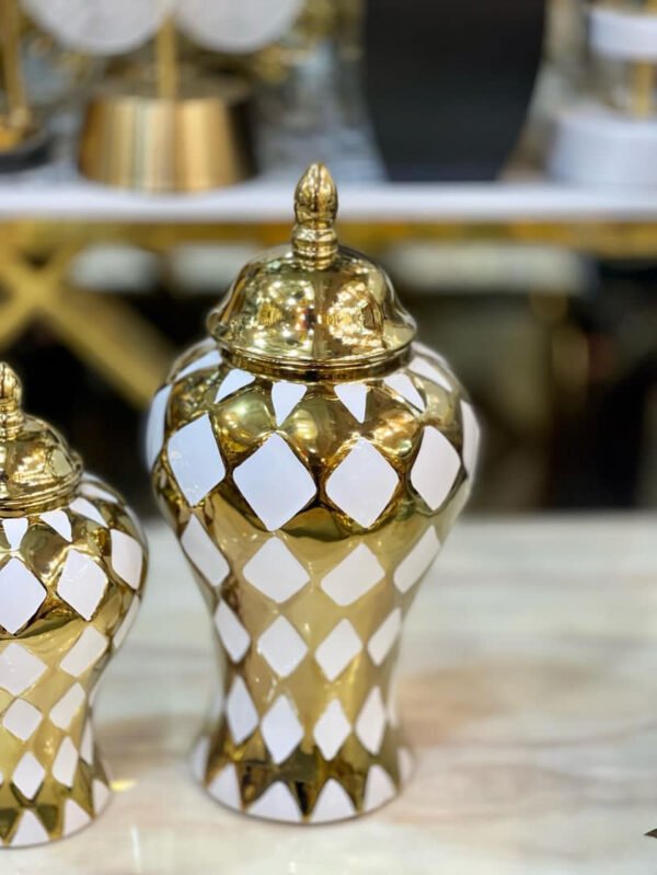 Gold and White Checkered Decorative Urns - Image 2