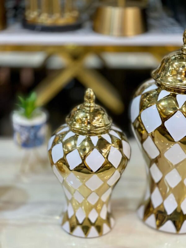 Gold and White Checkered Decorative Urns - Image 3