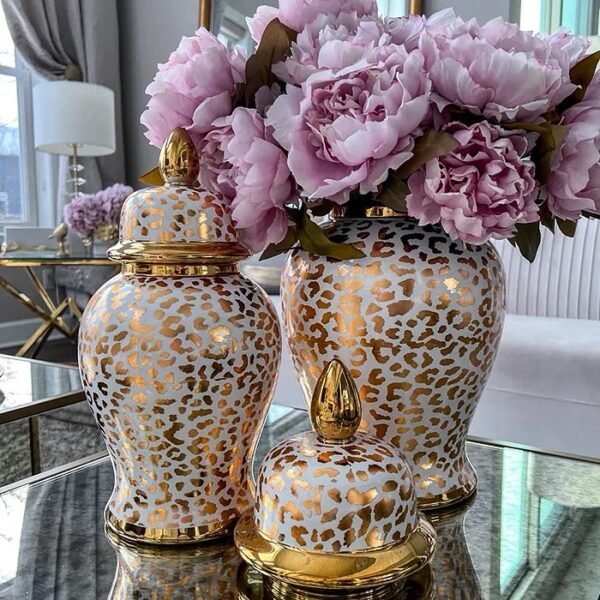 White and Gold Leopard Print Decorative Urns