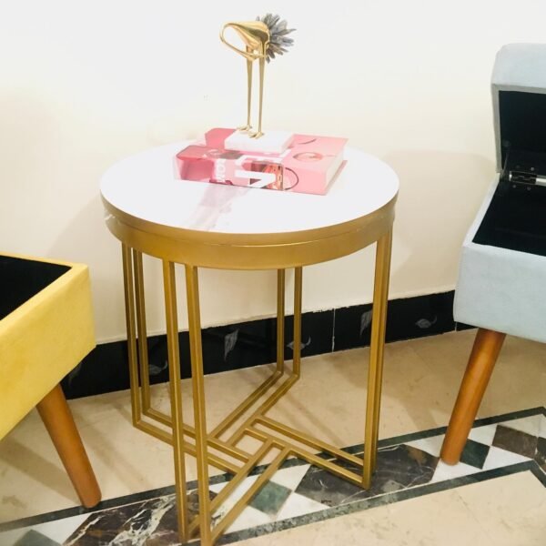 Modern White Marble Top Round Side Table with Gold Iron Base