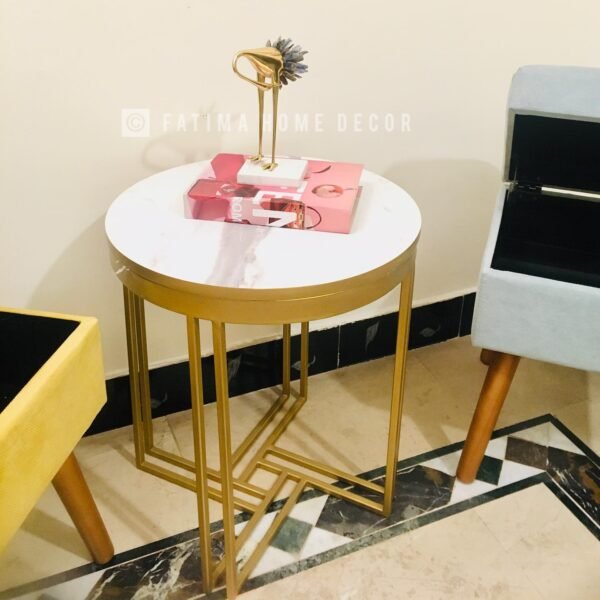 Modern White Marble Top Round Side Table with Gold Iron Base - Image 2