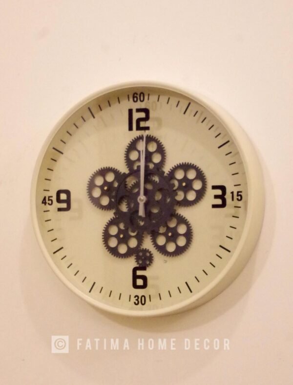 Beige Metal Wall Clock with Mechanical Gears