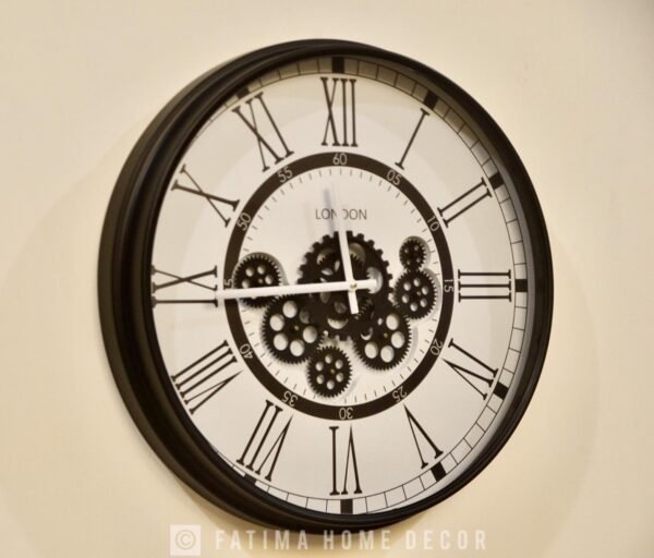 Black & White Metal Wall Clock with Mechanical Gears