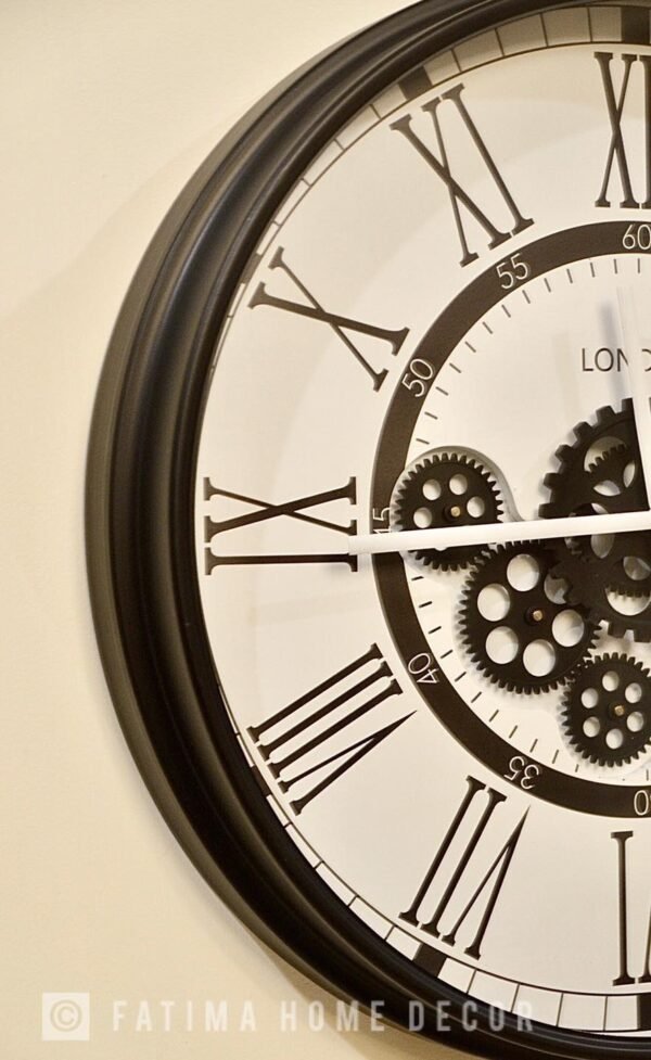 Black & White Metal Wall Clock with Mechanical Gears - Image 2